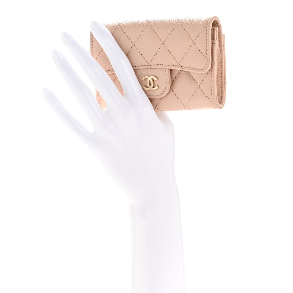 Caviar Quilted Flap  Holder Wallet Light Beige