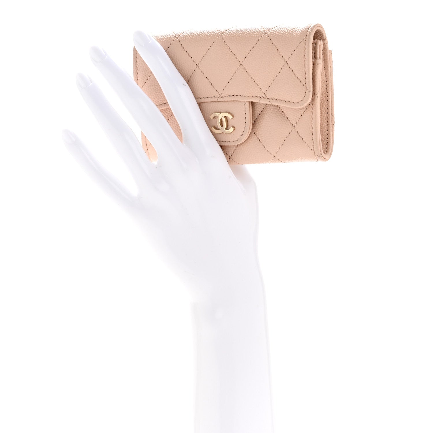 Caviar Quilted Flap  Holder Wallet Light Beige