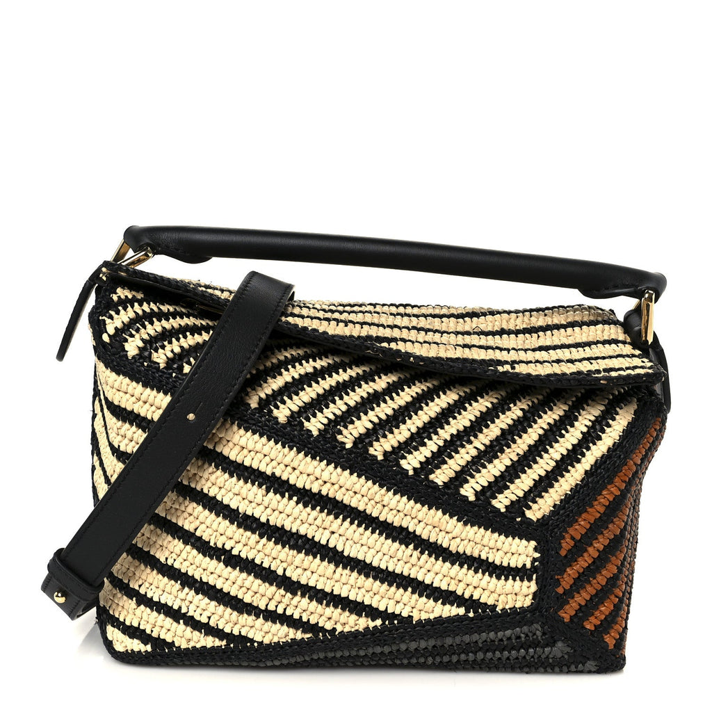 Calfskin Raffia Paula's Ibiza Small Puzzle Edge Bag Natural Honey Gold