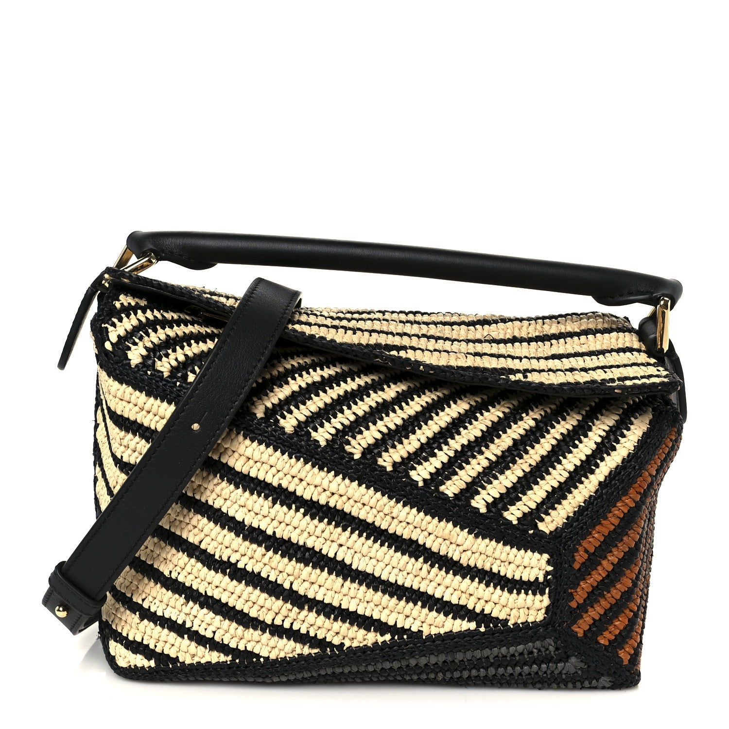 Calfskin Raffia Paula's Ibiza Small Puzzle Edge Bag Natural Honey Gold