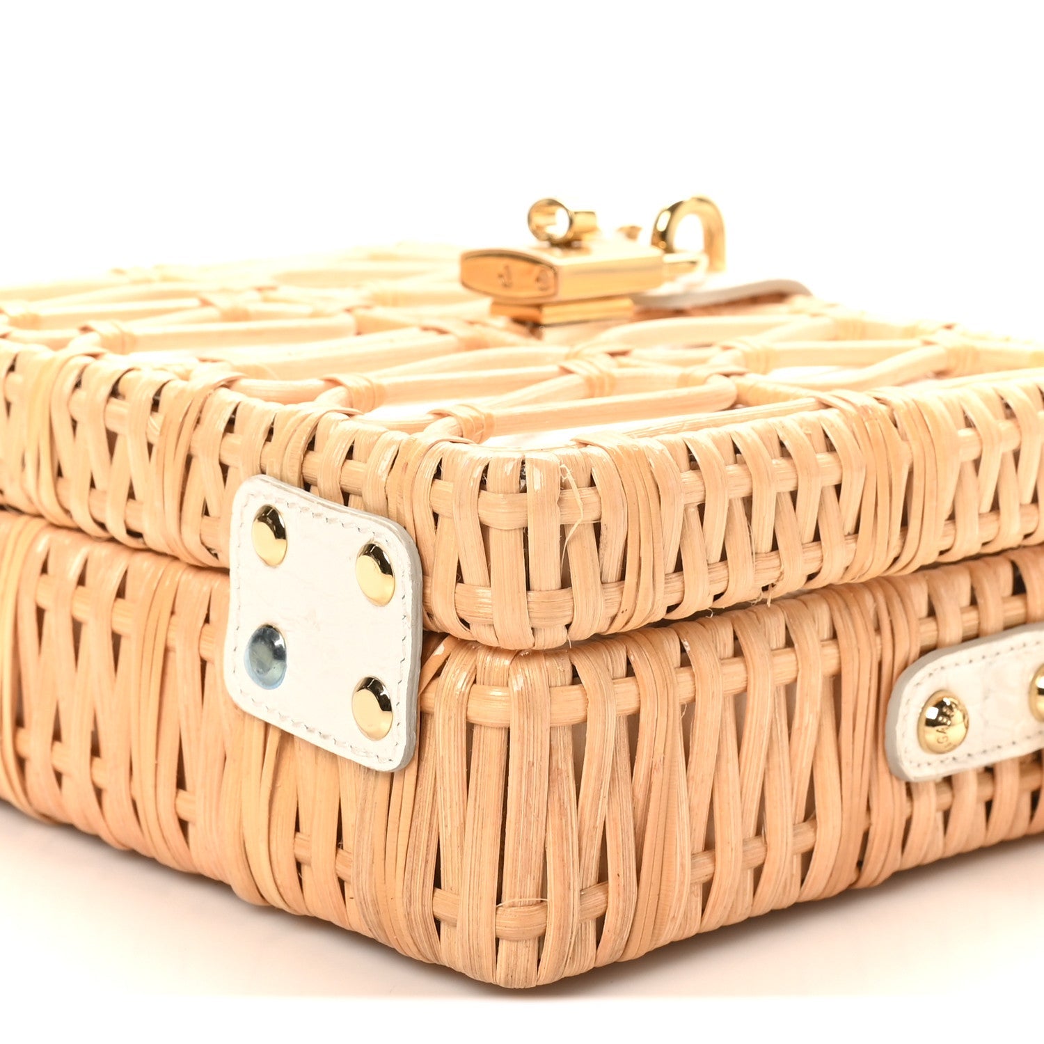 Wicker Calfskin Box Top Handle Bag White