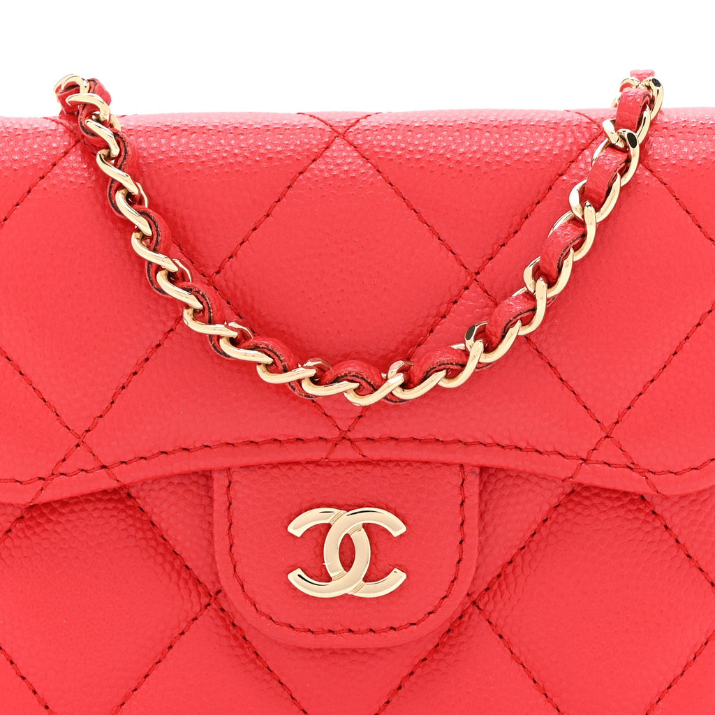 Caviar Quilted Flap  Holder On Chain Red