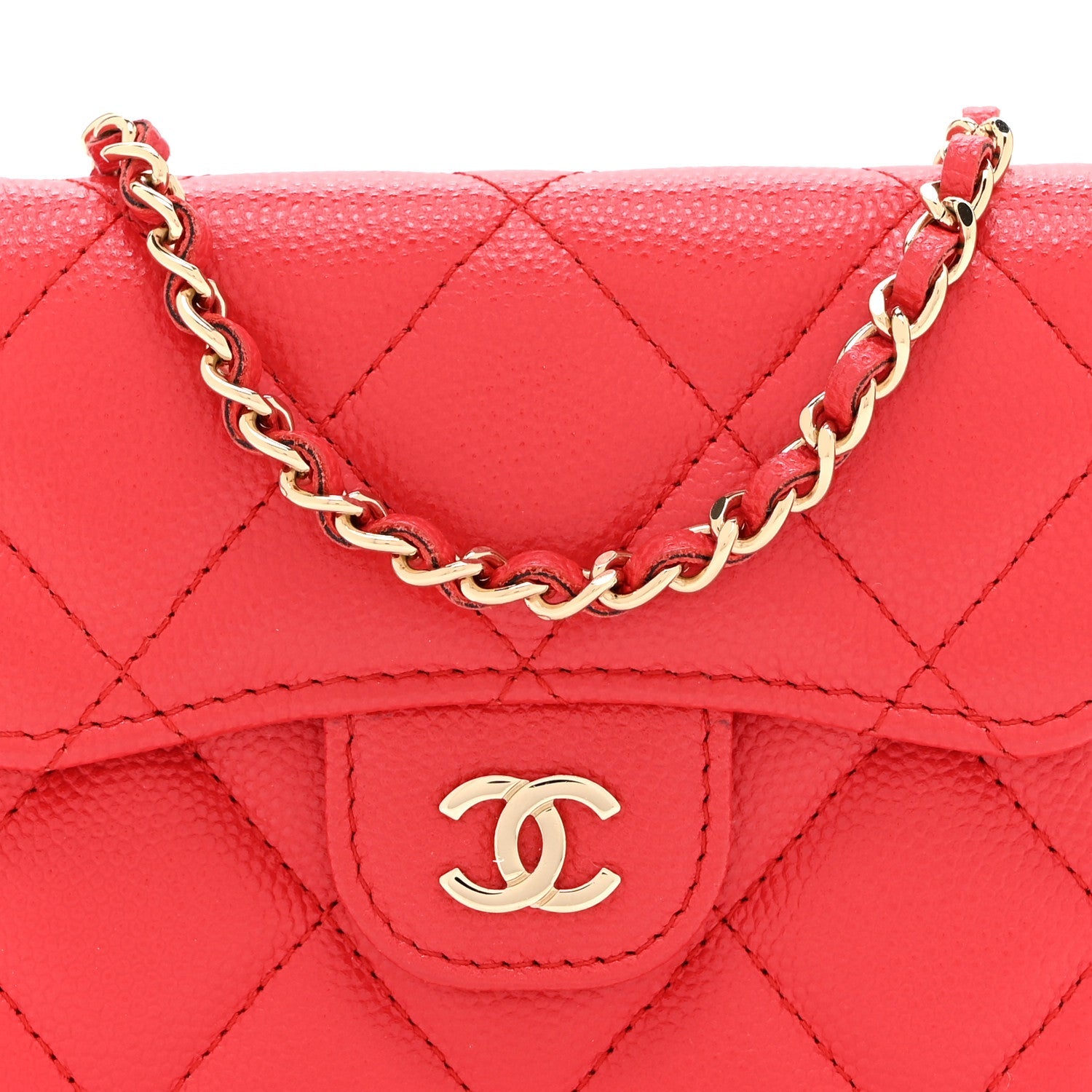 Caviar Quilted Flap  Holder On Chain Red