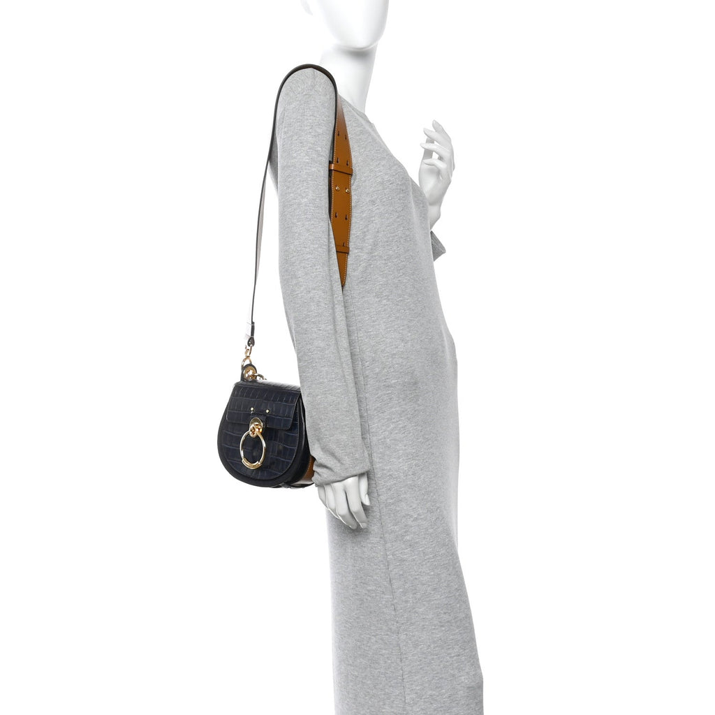 Calfskin Crocodile Embossed Small Tess Bag Full Blue