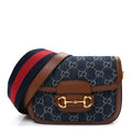 New Denim GG Monogram Dollar Calfskin Web Mini Horsebit 1955 Shoulder Bag Blue Tea Cuir Epilog