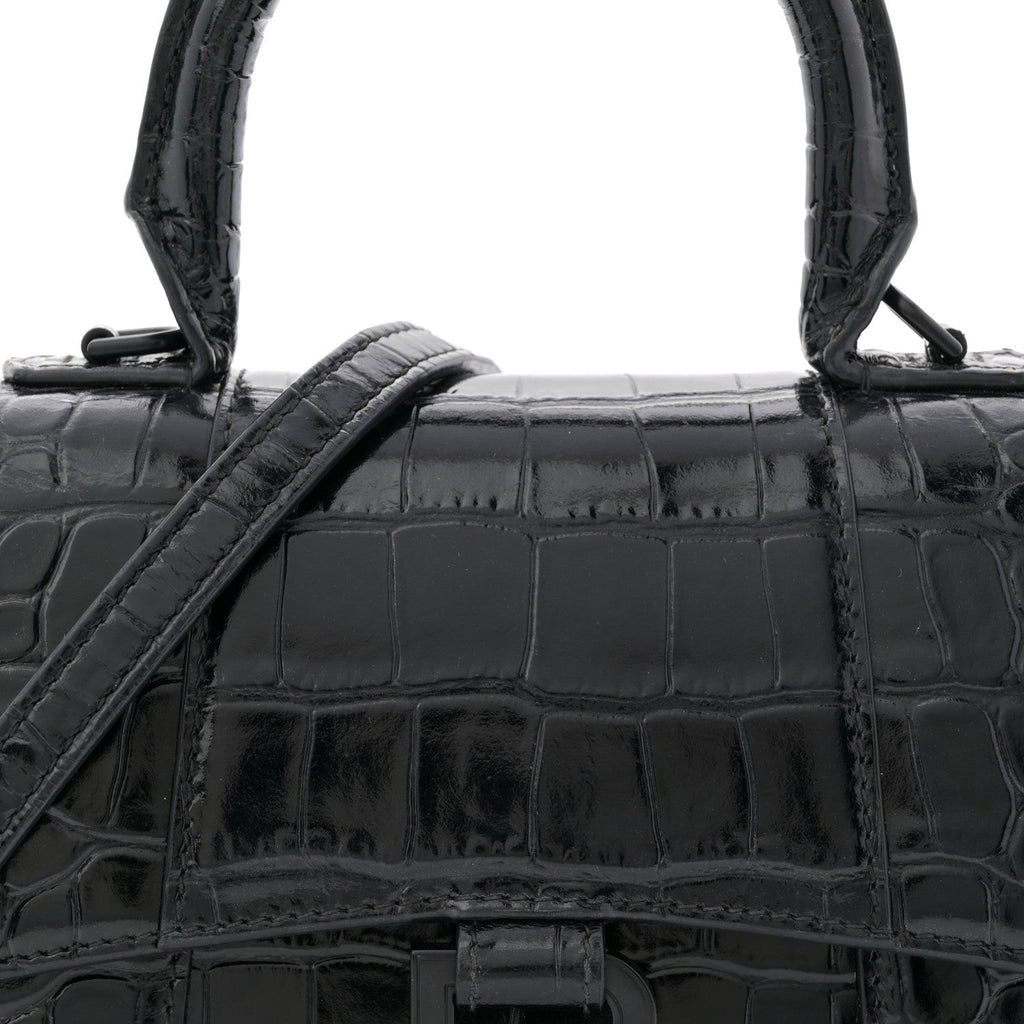 Shiny Calfskin Monochrome Crocodile Embossed Hourglass Top Handle Bag XS Black