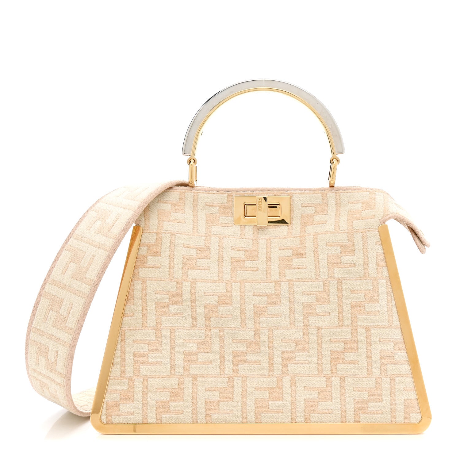Chenille Suede Metal FF Small Peekaboo I SEE U Satchel Beige White