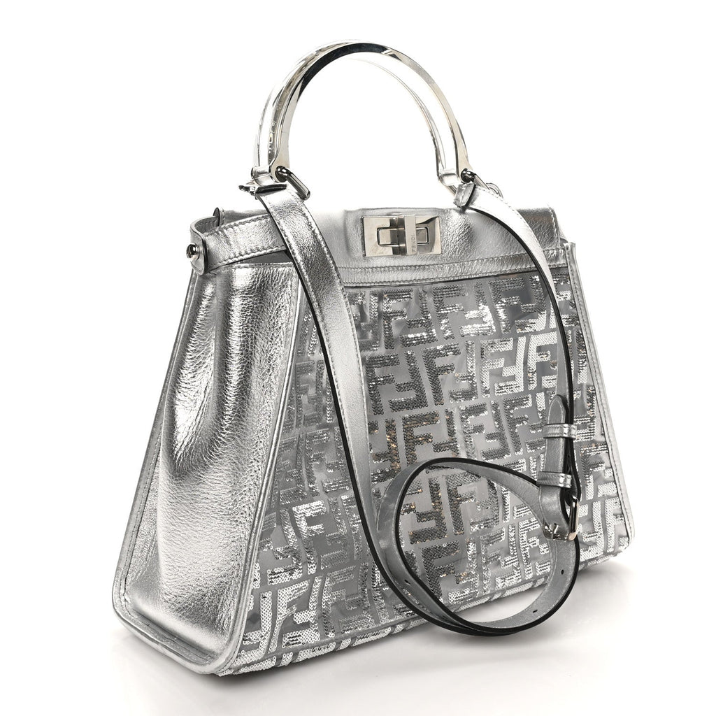 PVC Vitello Catalan Mirror Sequin FF Medium Peekaboo Iconic Satchel Argento