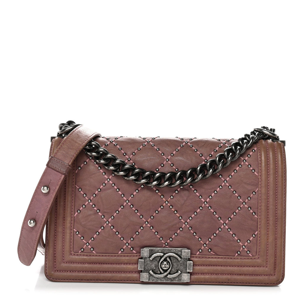Crumpled Lambskin Medium Studded Boy Flap Pink