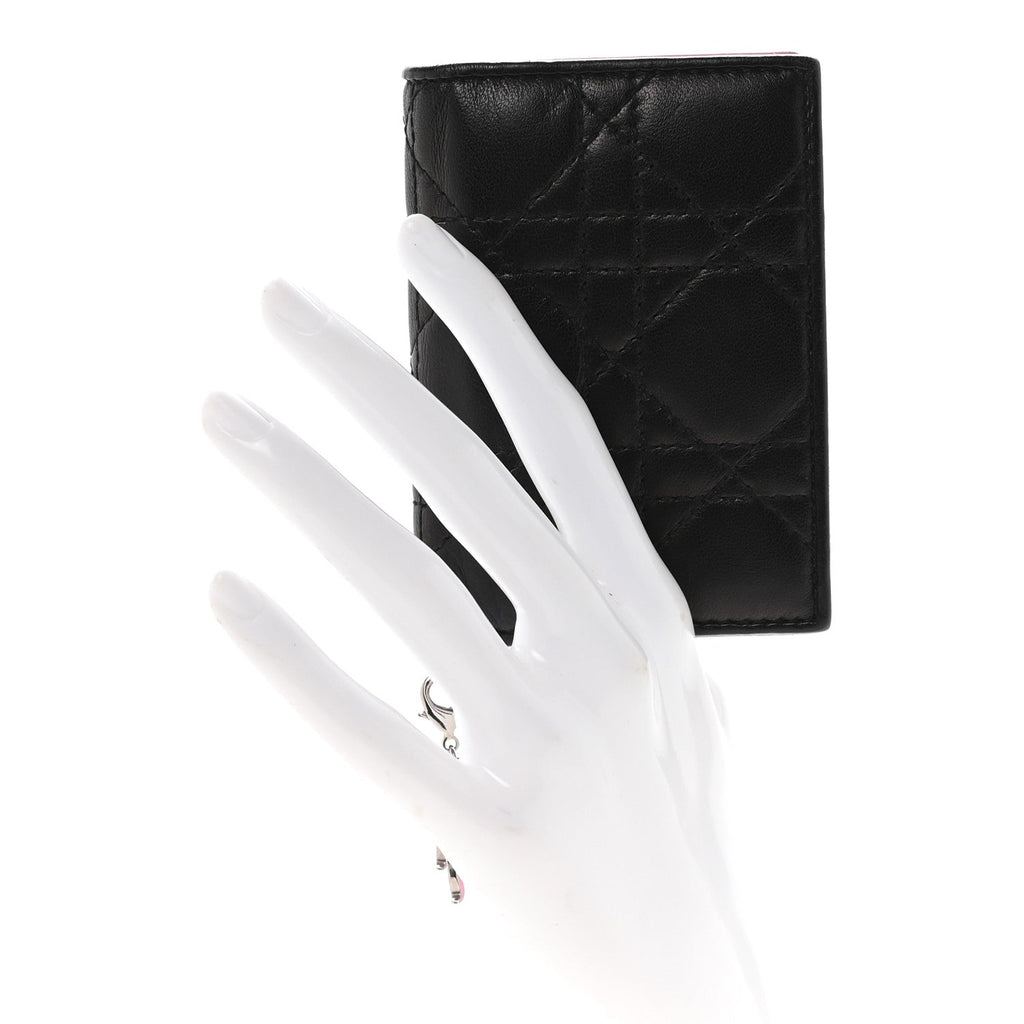 Lambskin Cannage Bi-Color Small Lady Dior Flap  Holder Black Pink