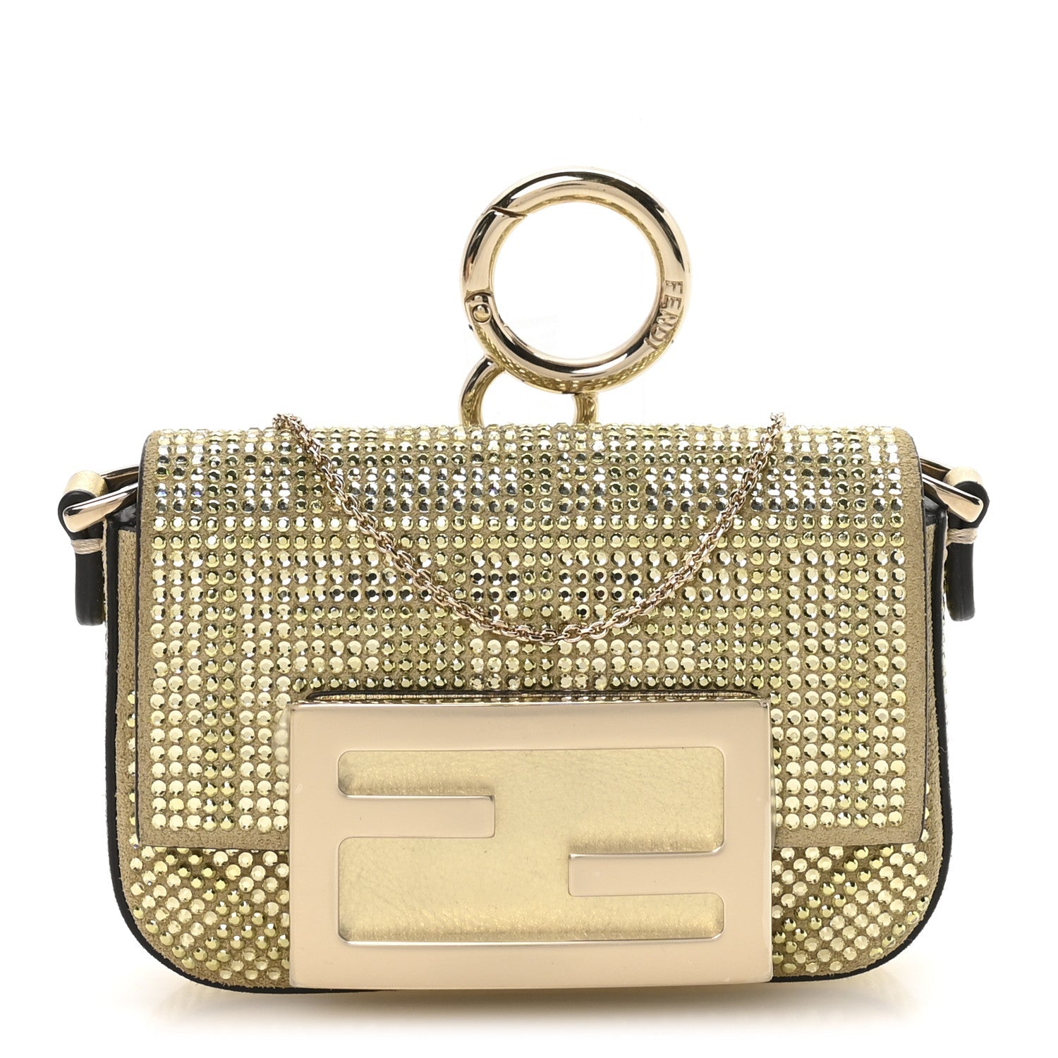 Crystal Vitello Laminato FF Nano Maxi Buckle Baguette Charm Light Gold