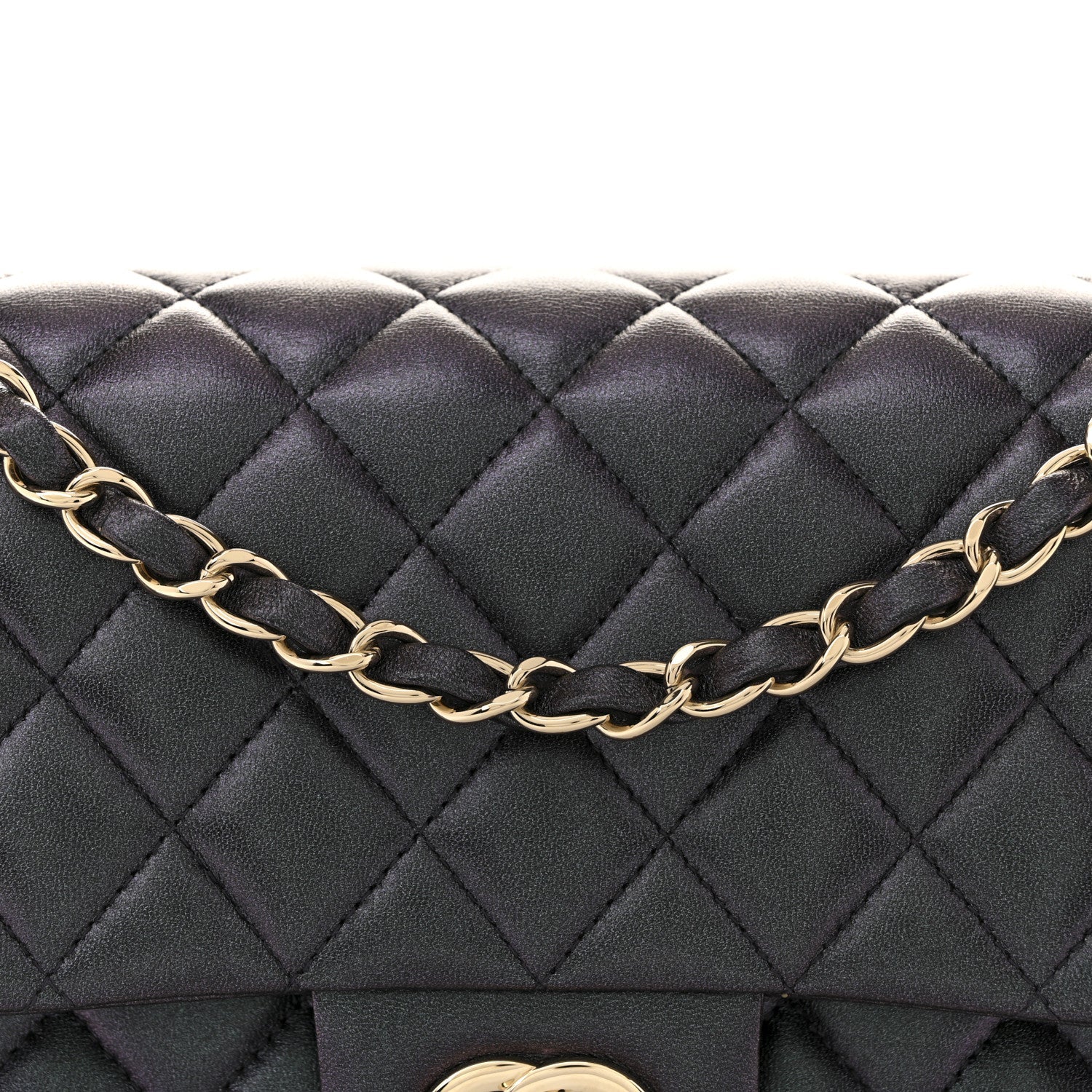 Iridescent Lambskin Quilted Medium Double Flap Black