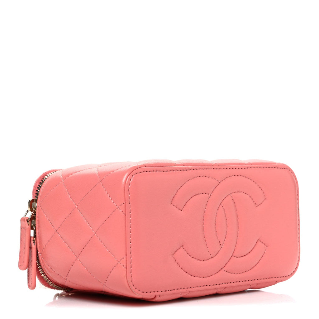 Lambskin Quilted Small Charming Top Handle Vanity Case With Chain Pink