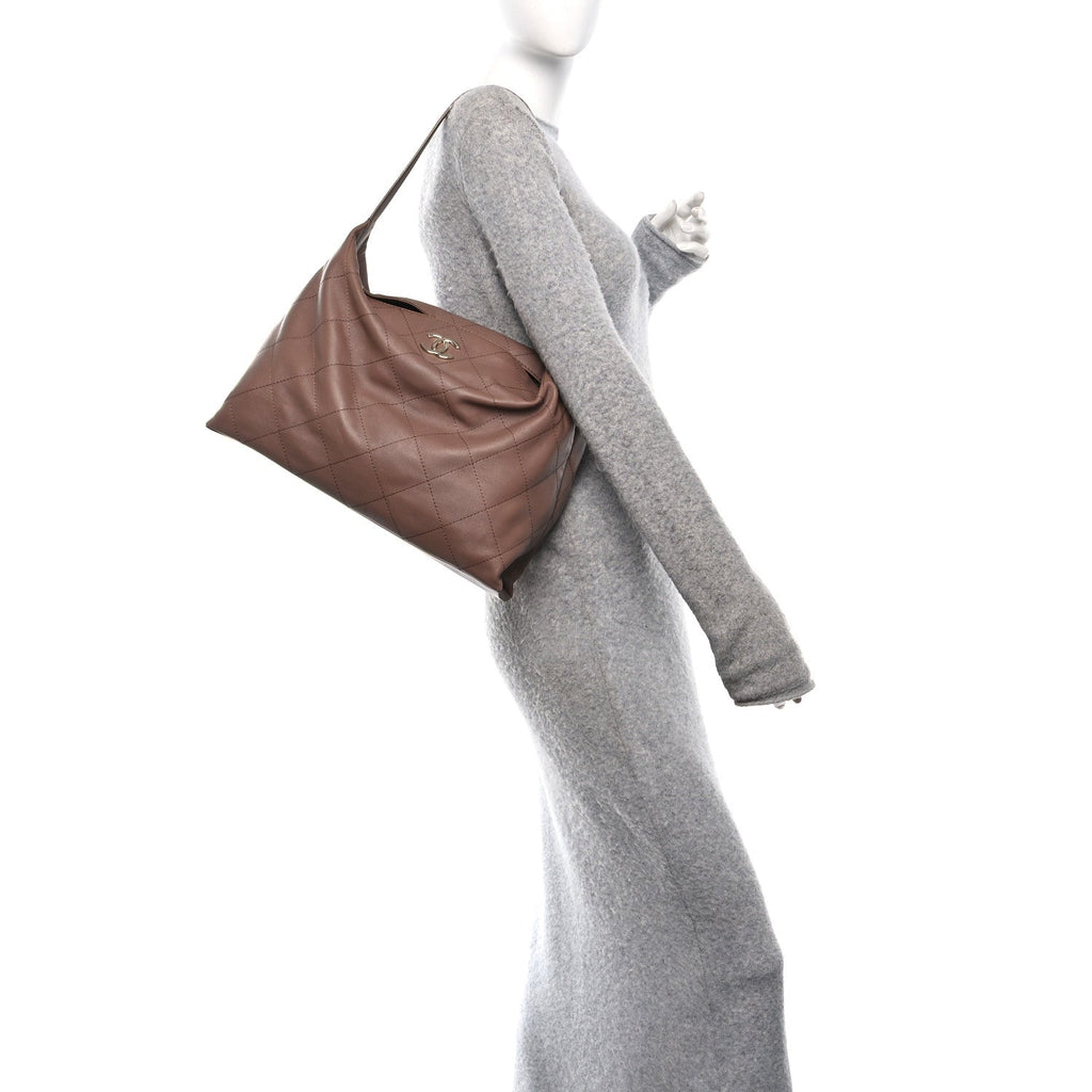 Shiny Lambskin Quilted Maxi Hobo Brown