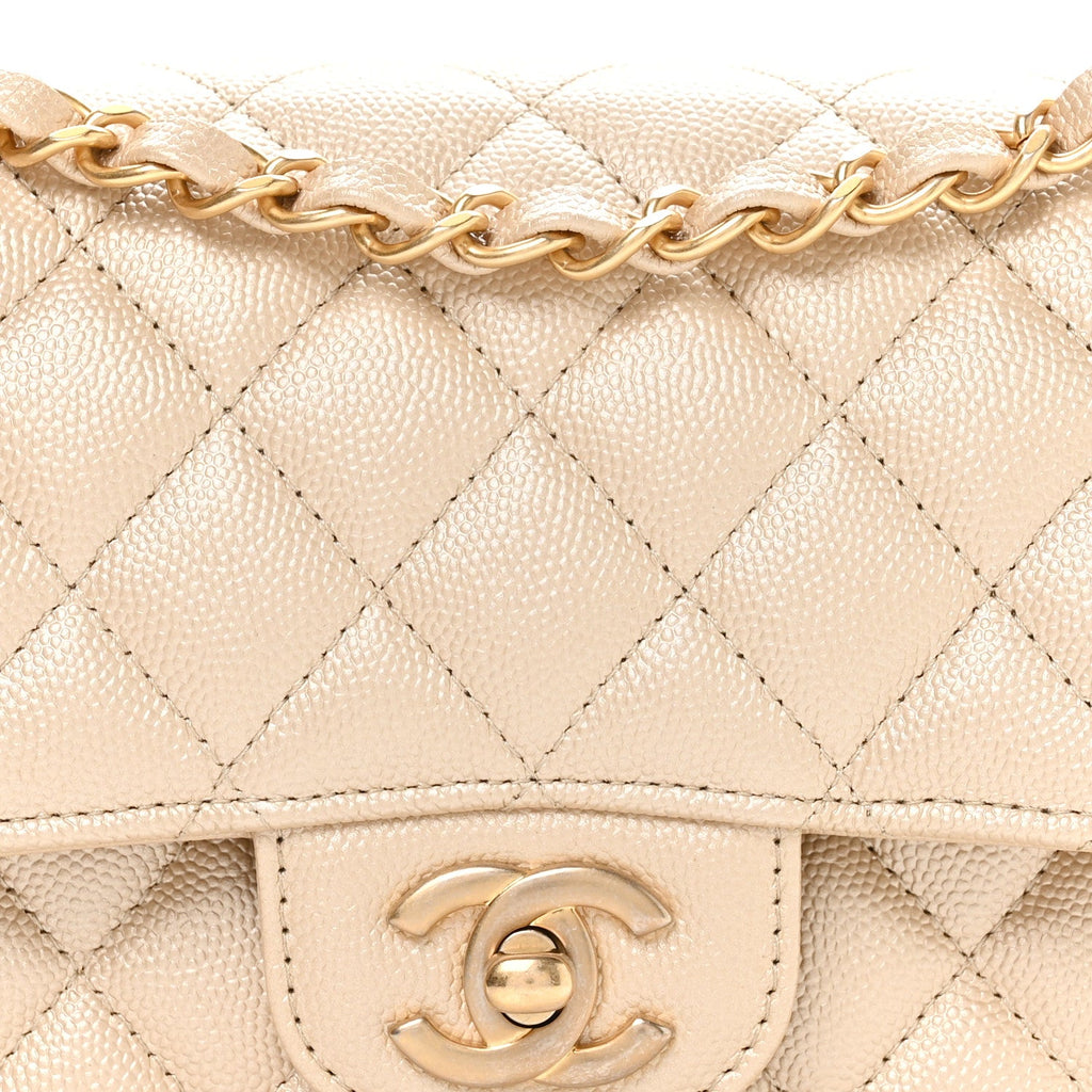 Metallic Caviar Quilted Small Double Flap Beige