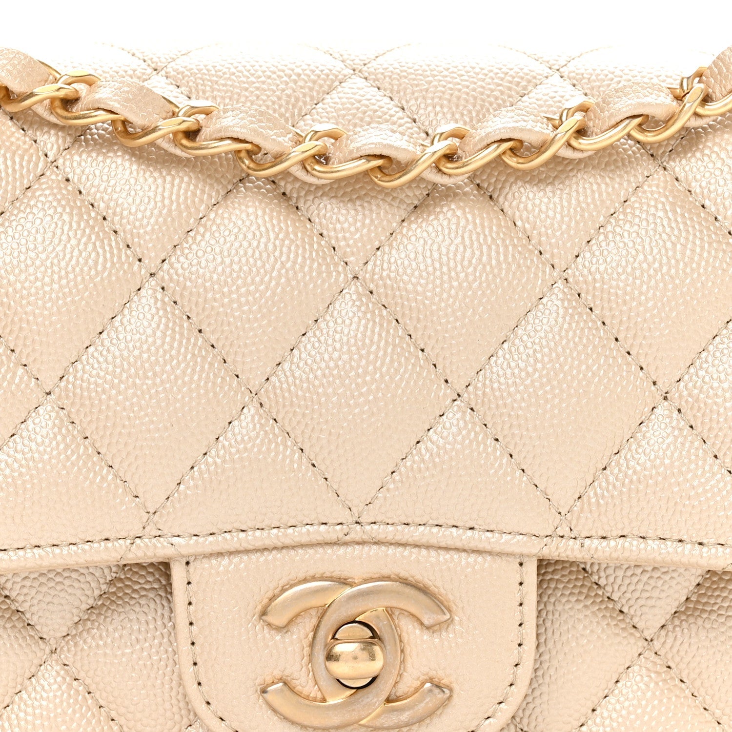 Metallic Caviar Quilted Small Double Flap Beige