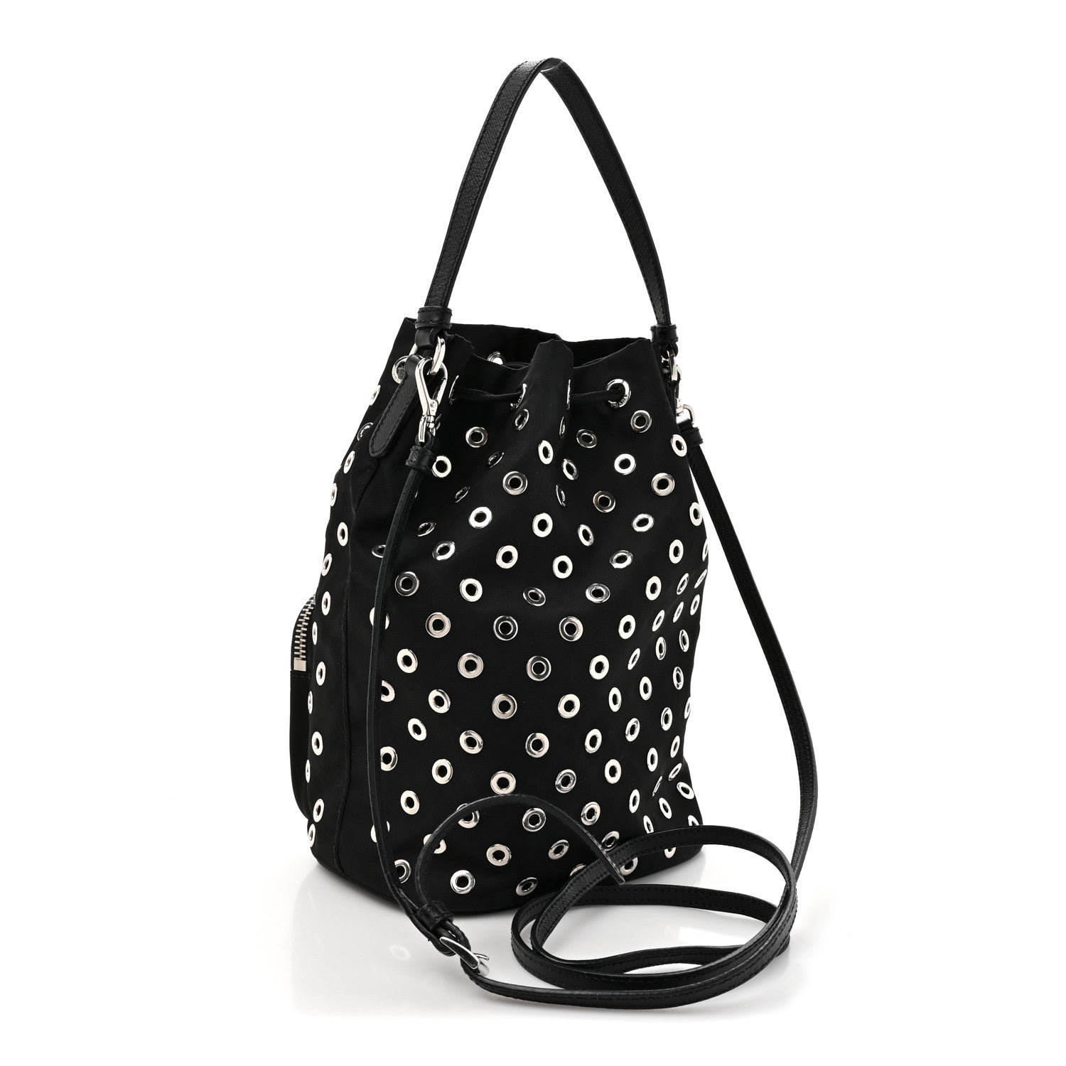Tessuto Nylon Saffiano Grommets Mini Bucket Crossbody Bag Black