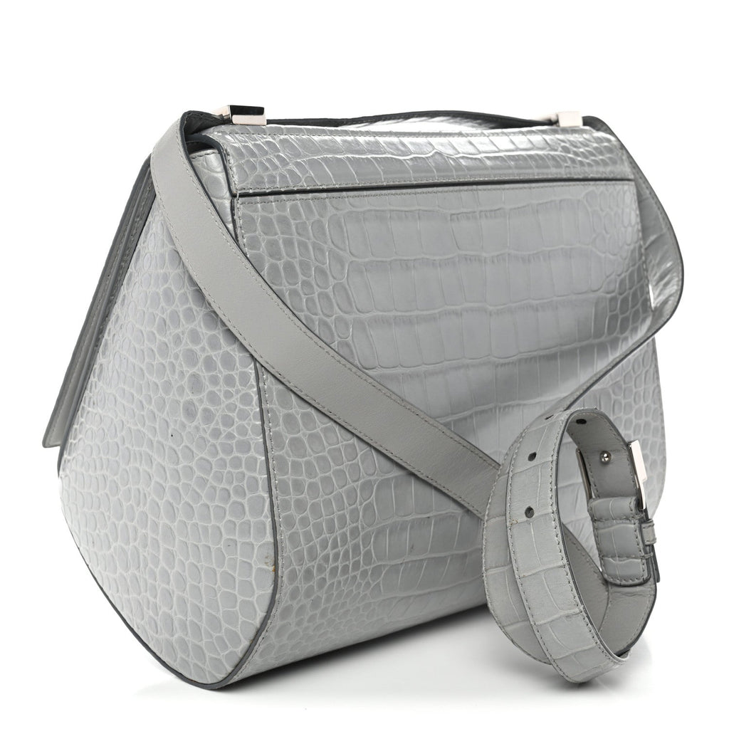 Calfskin Crocodile Embossed Medium Pandora Box Crossbody Bag Grey