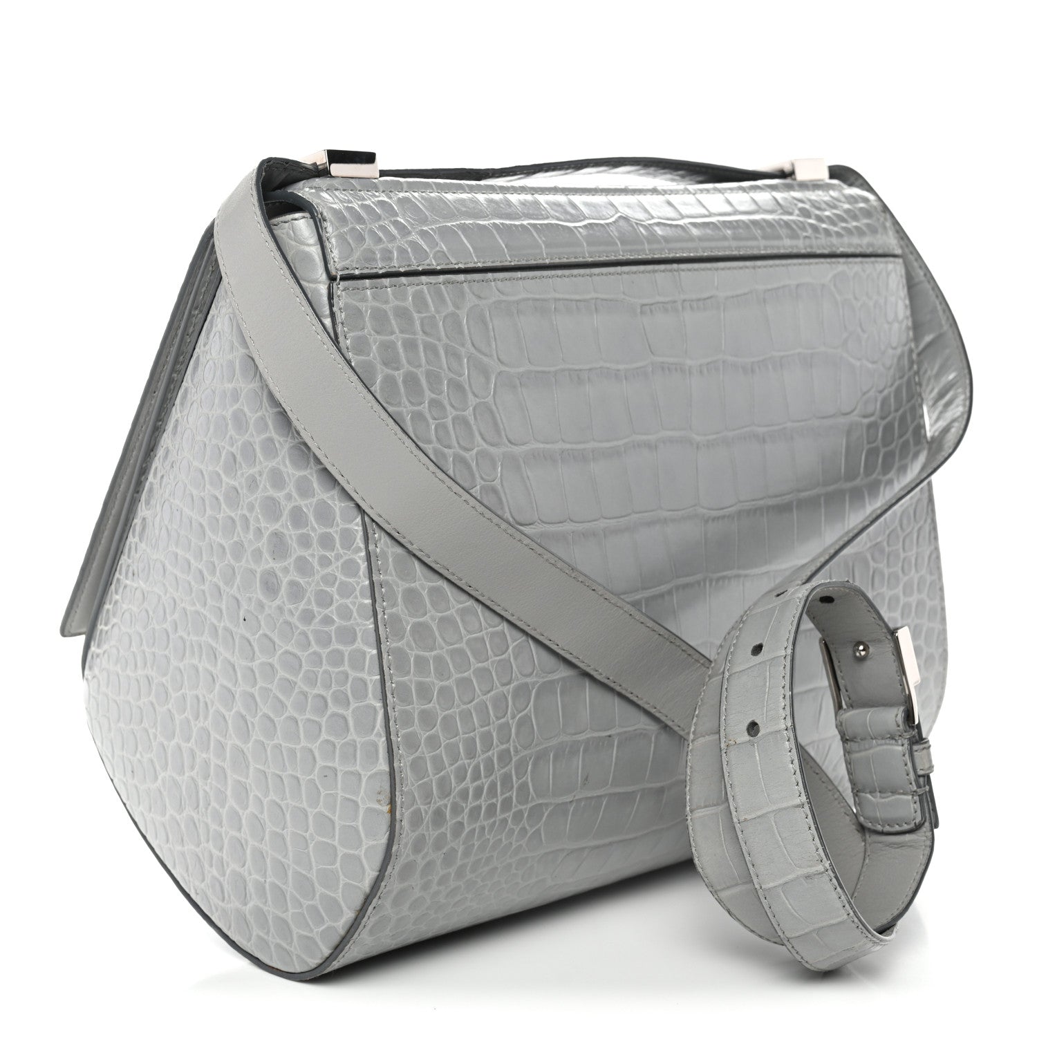 Calfskin Crocodile Embossed Medium Pandora Box Crossbody Bag Grey