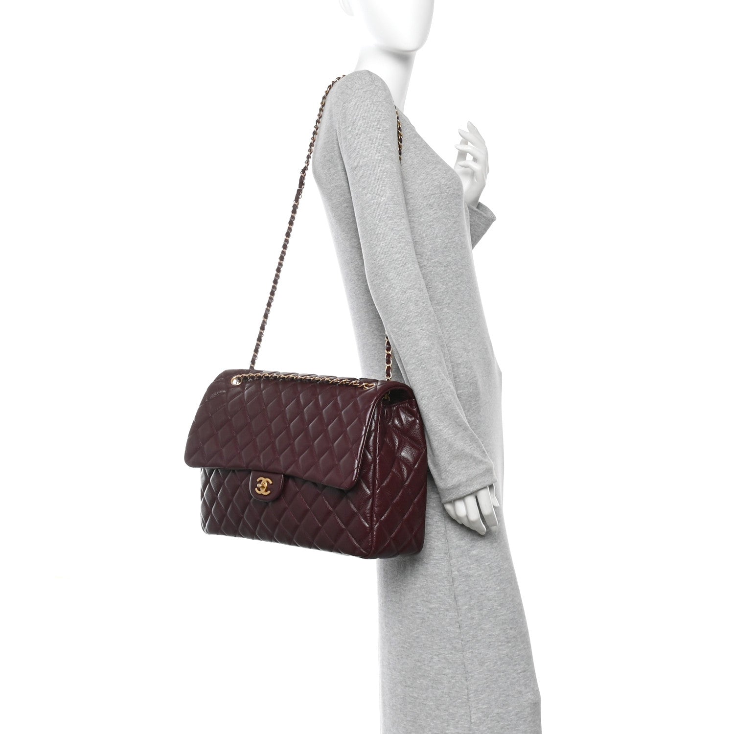 Grained Calfskin Quilted XXL Travel Flap Bag Burgundy