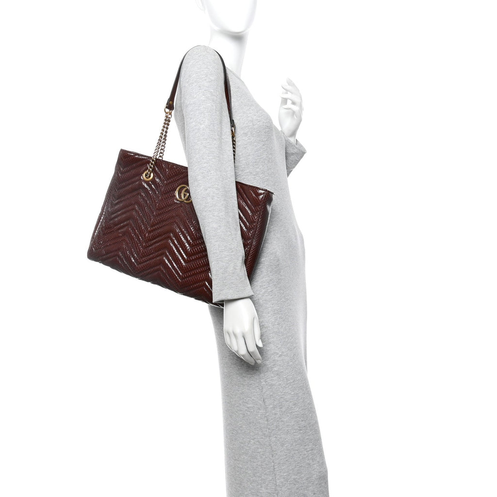 Snakeskin Matelasse Medium GG Marmont Slim Tote Brown