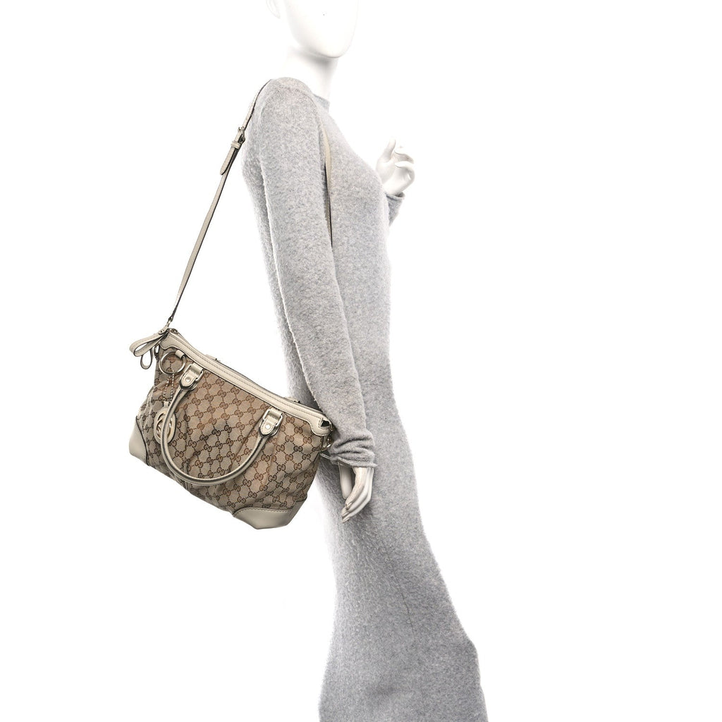 Monogram Margaux Calfskin Medium Sukey Top Handle Bag Beige Ebony Mystic White