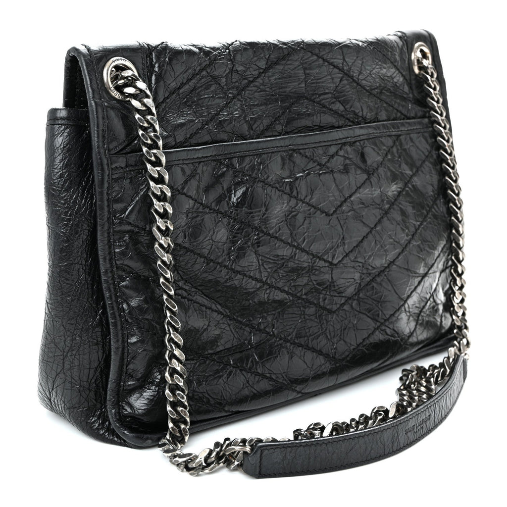 Crinkled Calfskin Matelasse Monogram Medium Niki Chain Satchel Black
