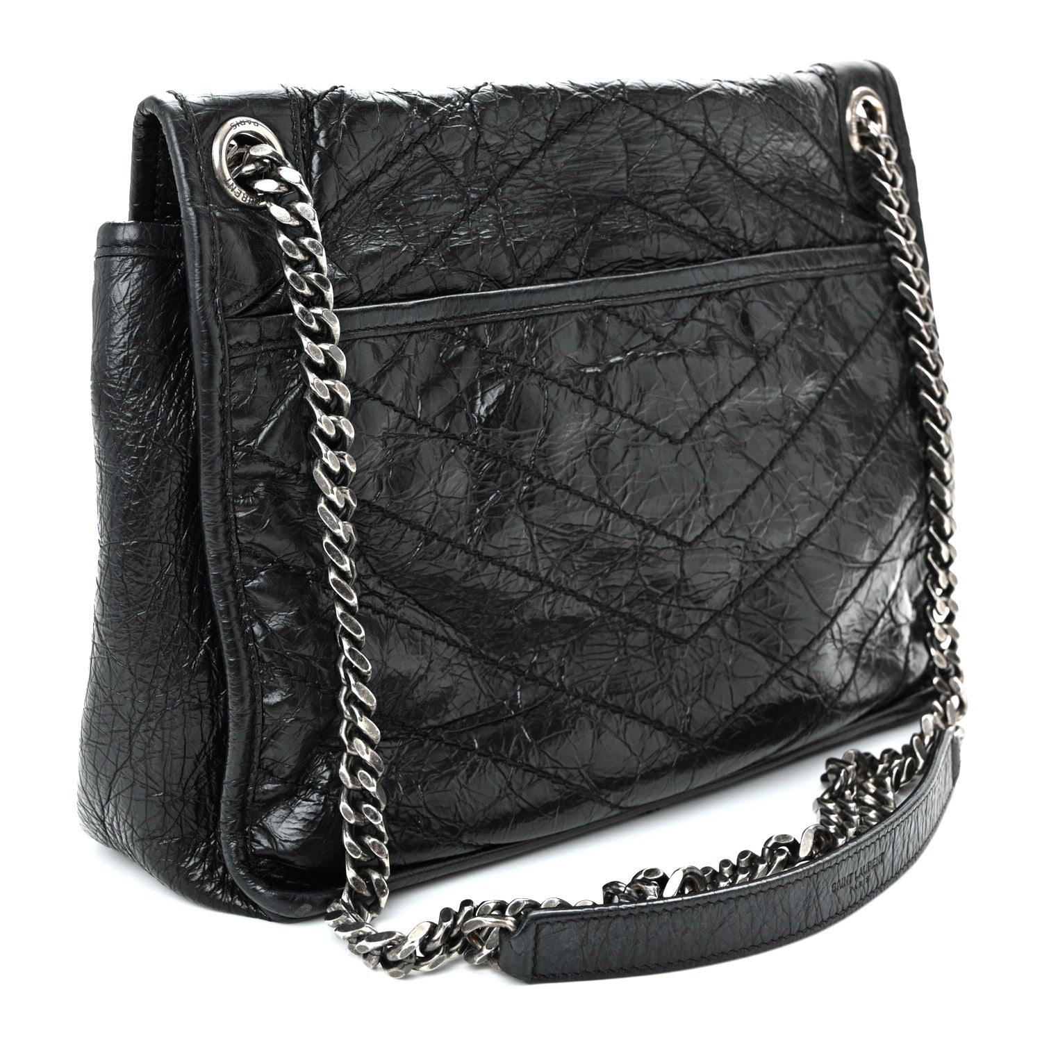 Crinkled Calfskin Matelasse Monogram Medium Niki Chain Satchel Black