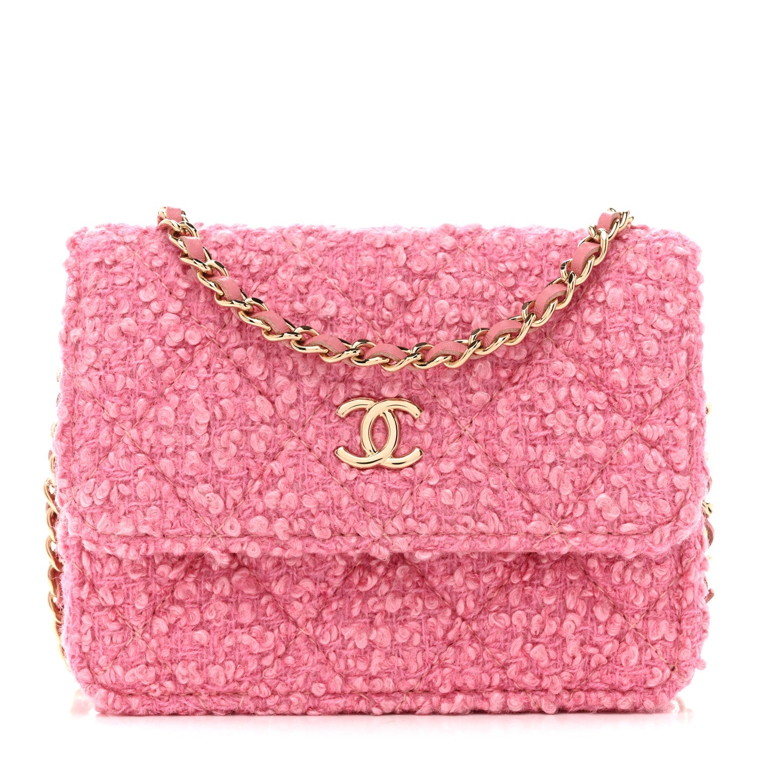Tweed Quilted Flap Chain Waist Bag Pink