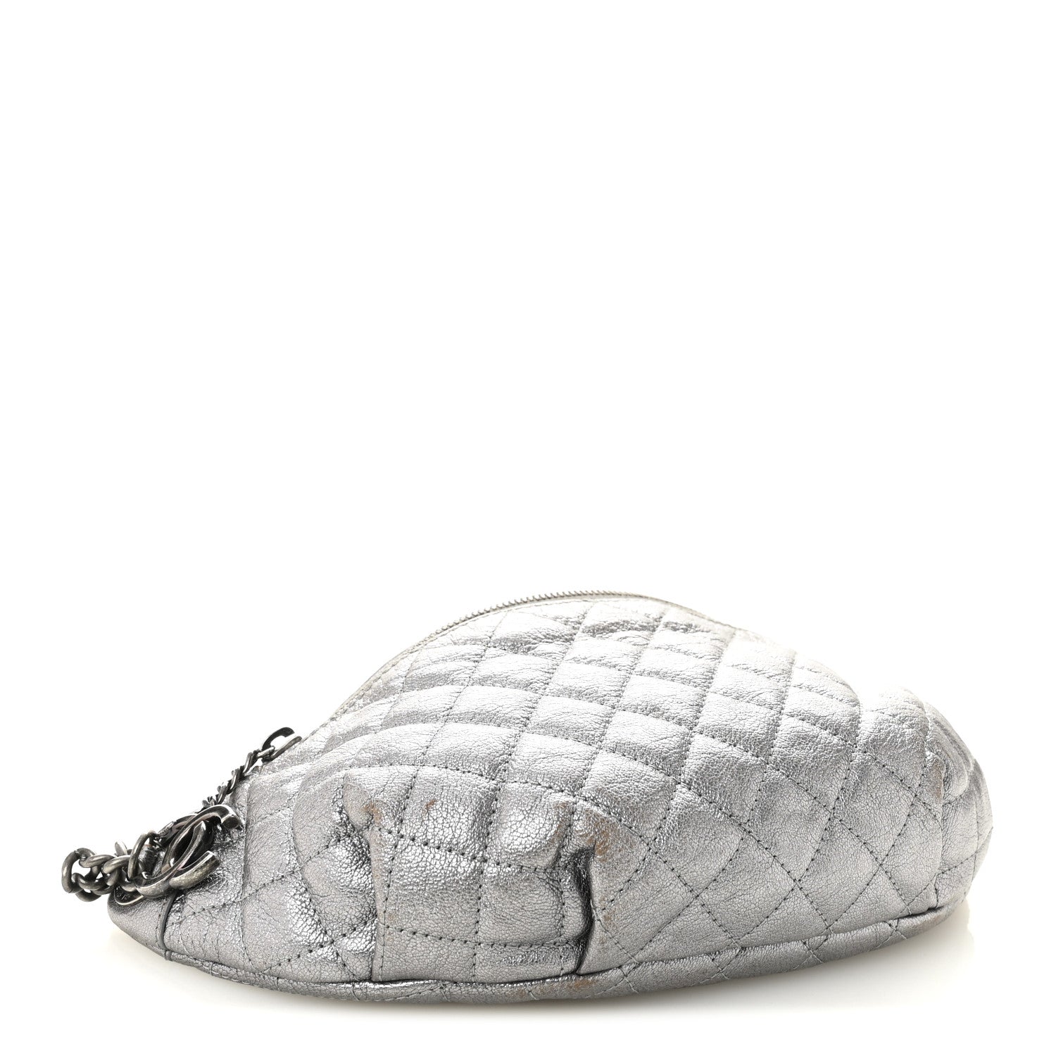 Metallic Calfskin Quilted Banane Waist Bag Fanny Pack Dark Silver