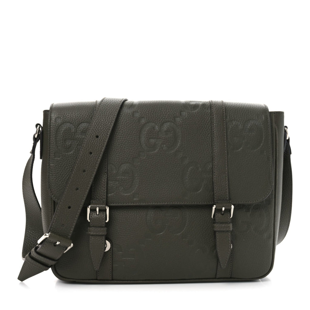Piuma Calfskin Jumbo GG Embossed Double Buckle Medium Messenger Bag Dark Vintage Olive