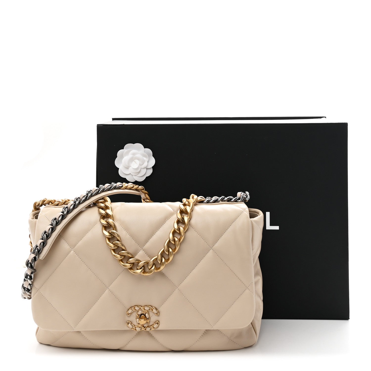 Goatskin Quilted Maxi Chanel 19 Flap Beige