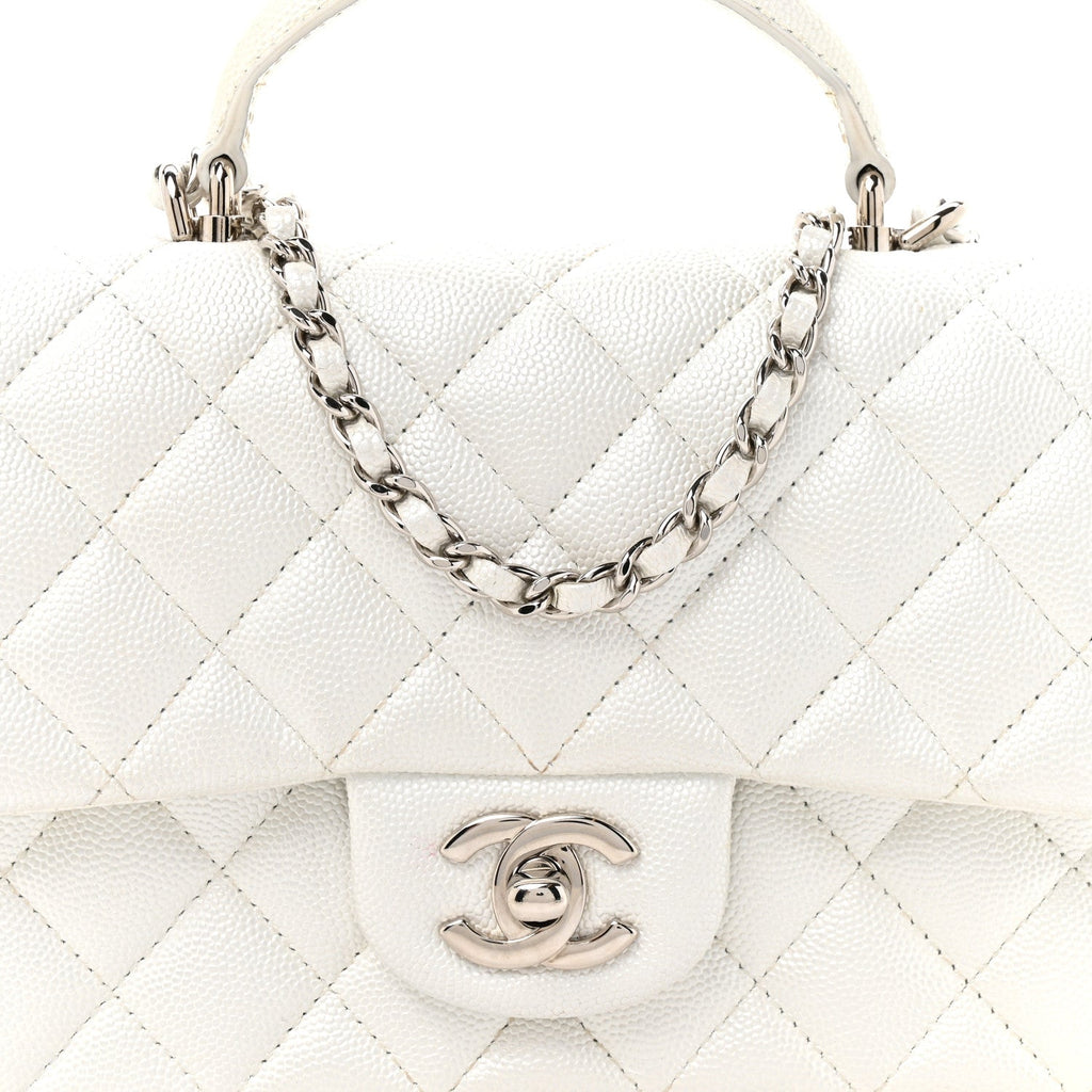 Metallic Caviar Quilted Mini Top Handle Rectangular Flap White
