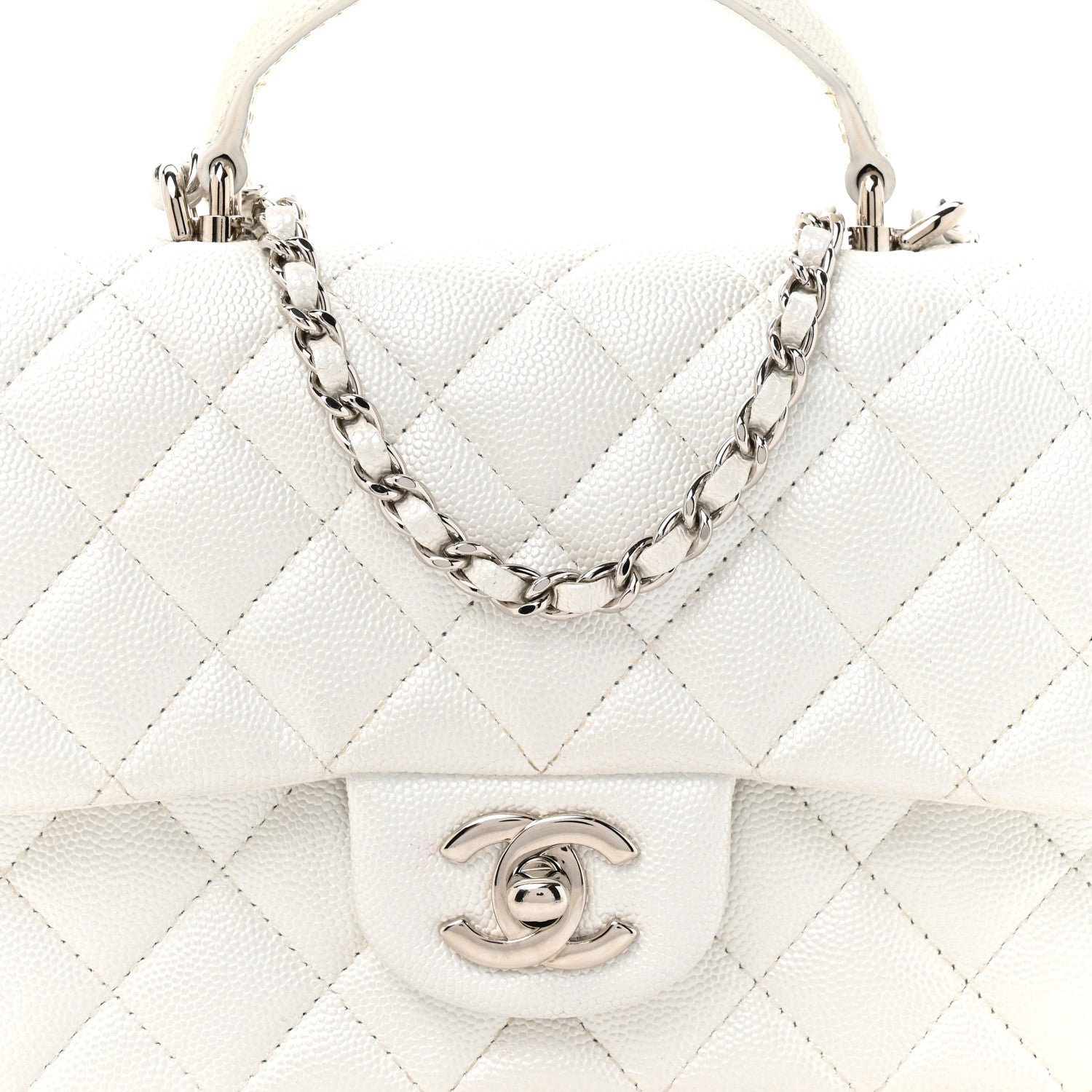 Metallic Caviar Quilted Mini Top Handle Rectangular Flap White