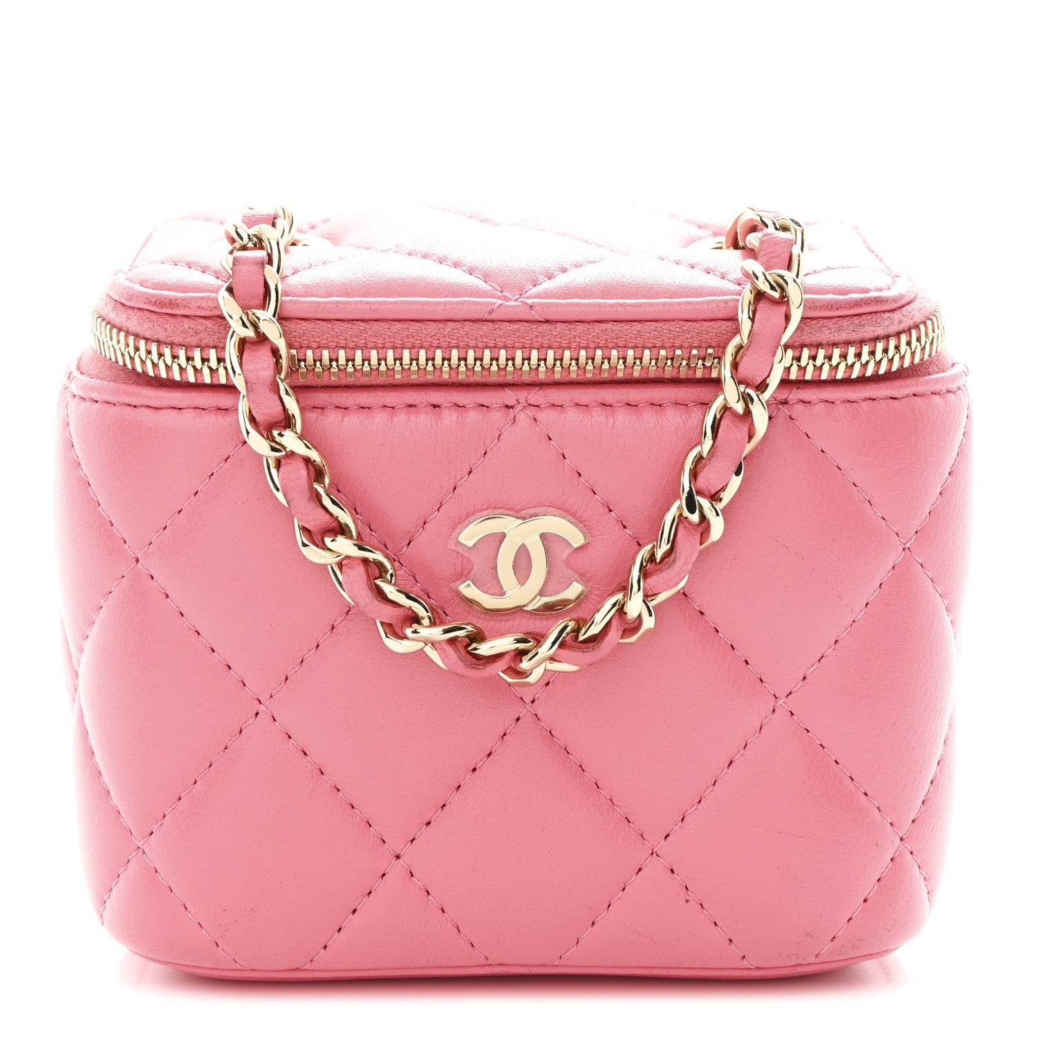 Lambskin Quilted Pearl Crush Mini Vanity Case With Chain Dark Pink
