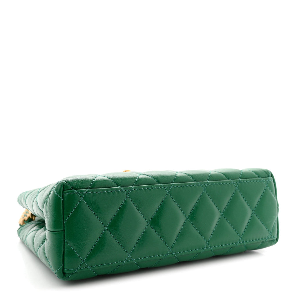 Shiny Aged Calfskin Quilted Nano Kelly Shopper Green