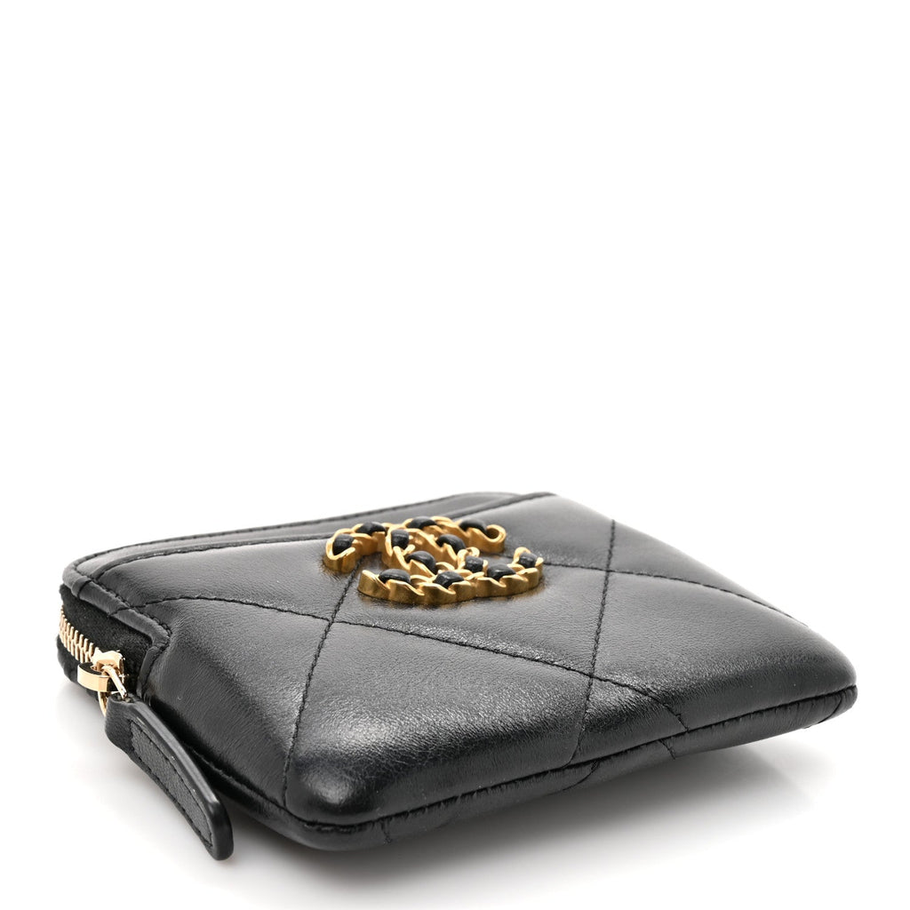 Lambskin Quilted Chanel 19 Zip  Holder Wallet Black