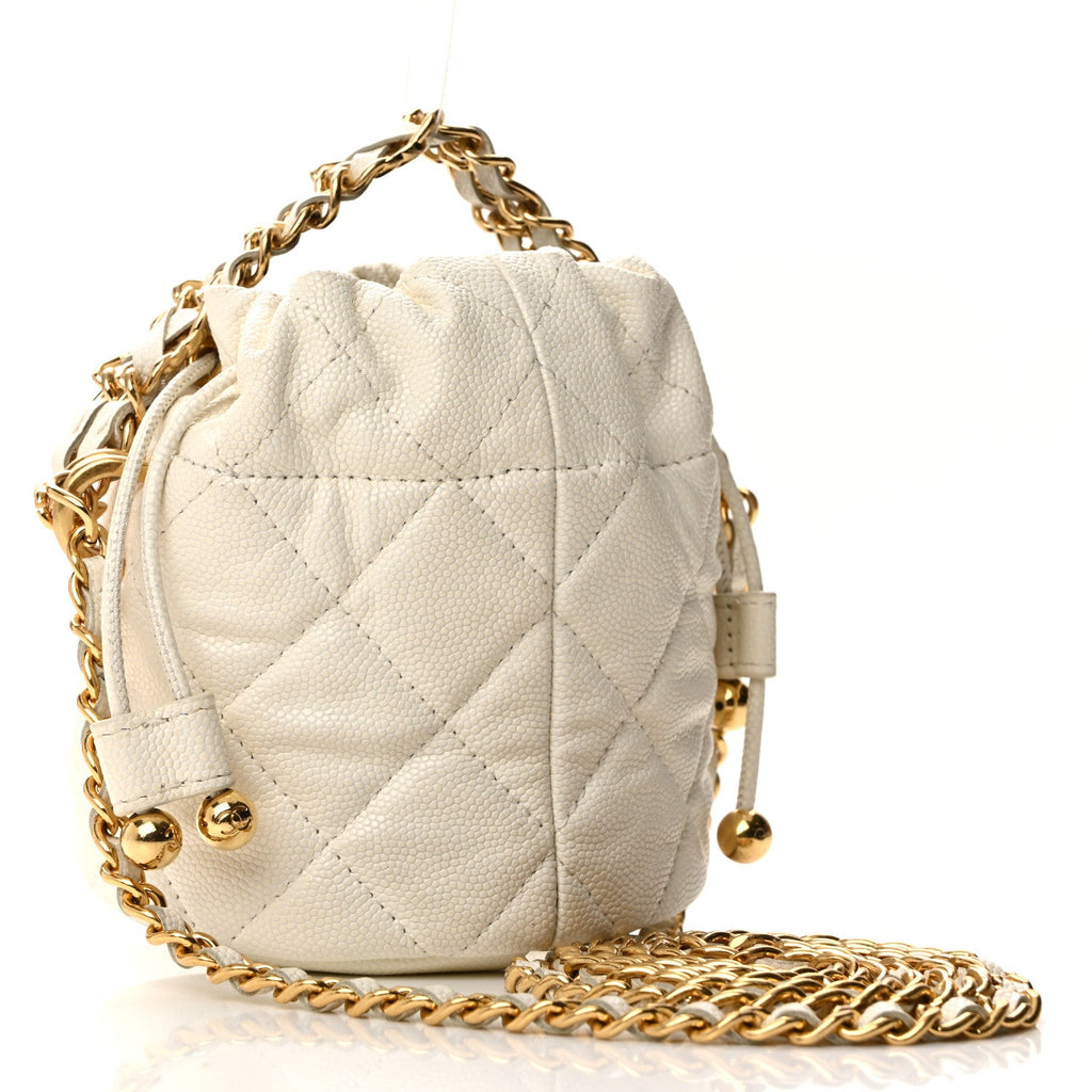 Caviar Quilted Coco First Bucket Clutch With Chain White