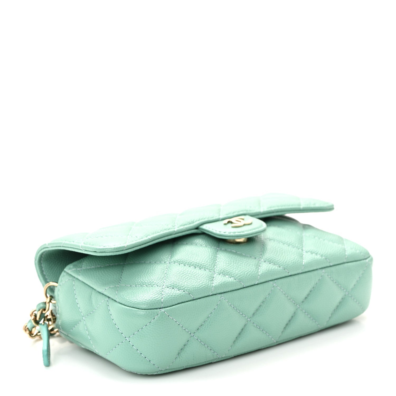 Caviar Quilted Flap Phone Holder With Chain Turquoise