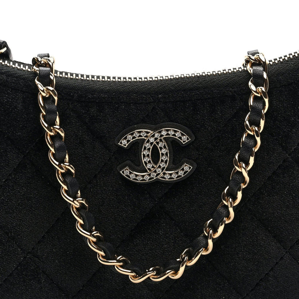 Velvet Crystal Quilted Chain Hobo Black