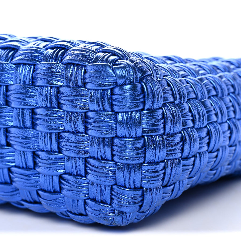 Metallic Woven Calfskin Trifolio Shoulder Bag Bluette