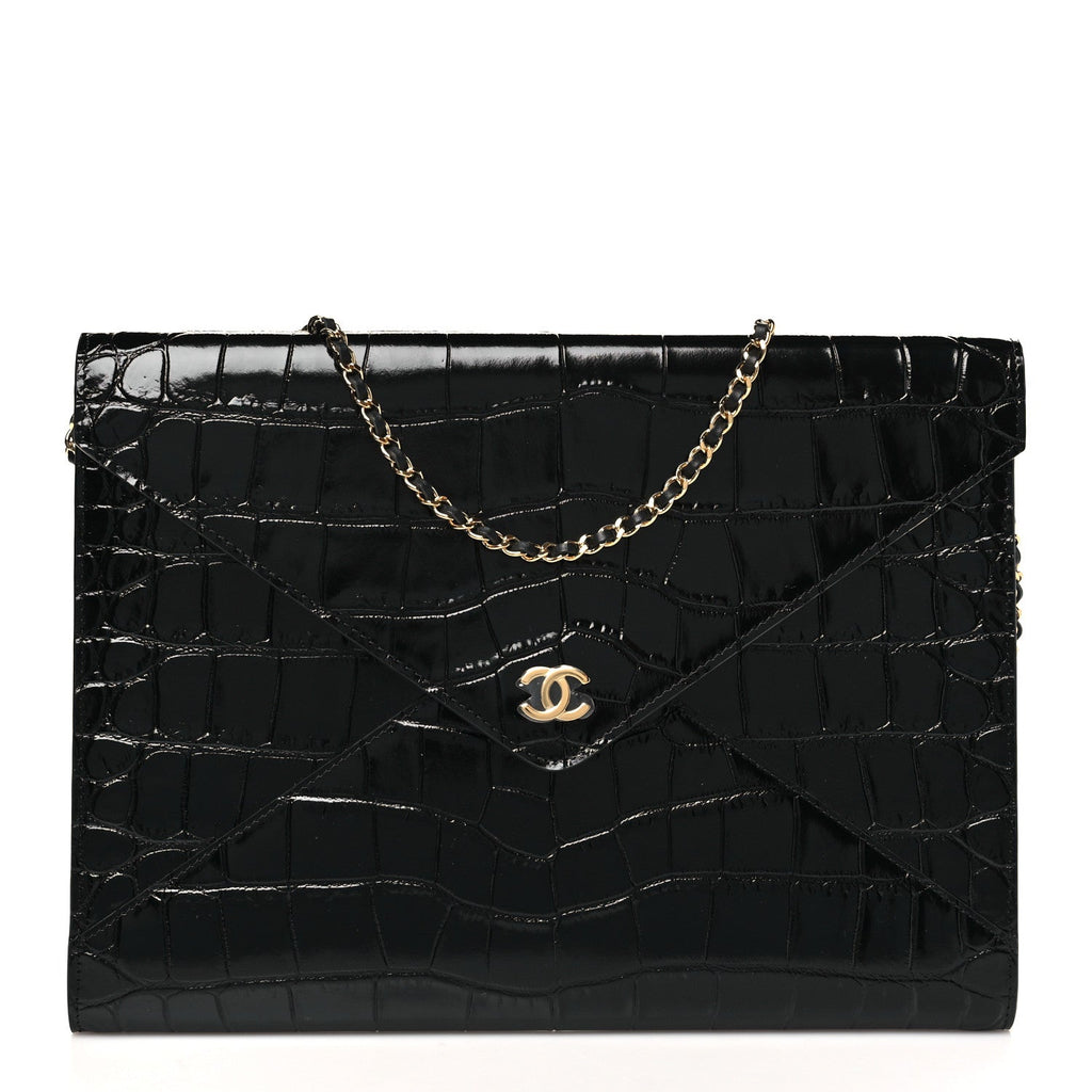 Calfskin Crocodile Embossed Croc Illusion Clutch With Chain  Black