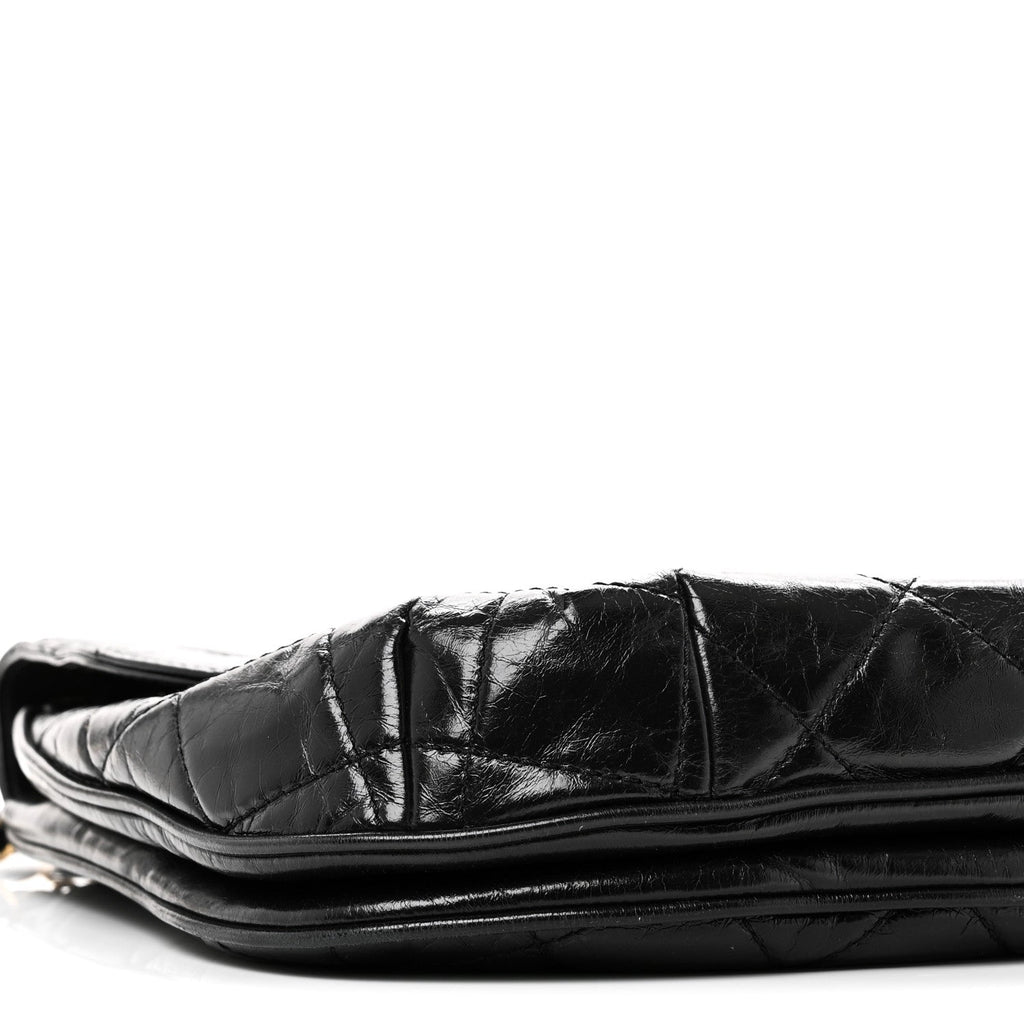Glazed Calfskin Quilted Medium Bubble CC Flap Black