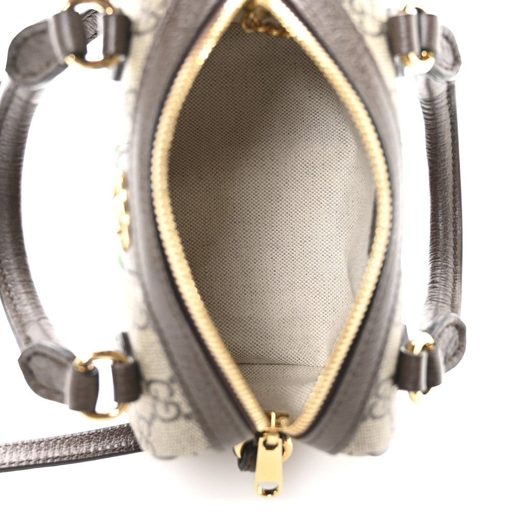 GG Supreme Monogram Textured Dollar Calfskin Web Super Mini Ophidia Top Handle Bowler Bag Beige Ebony New Acero