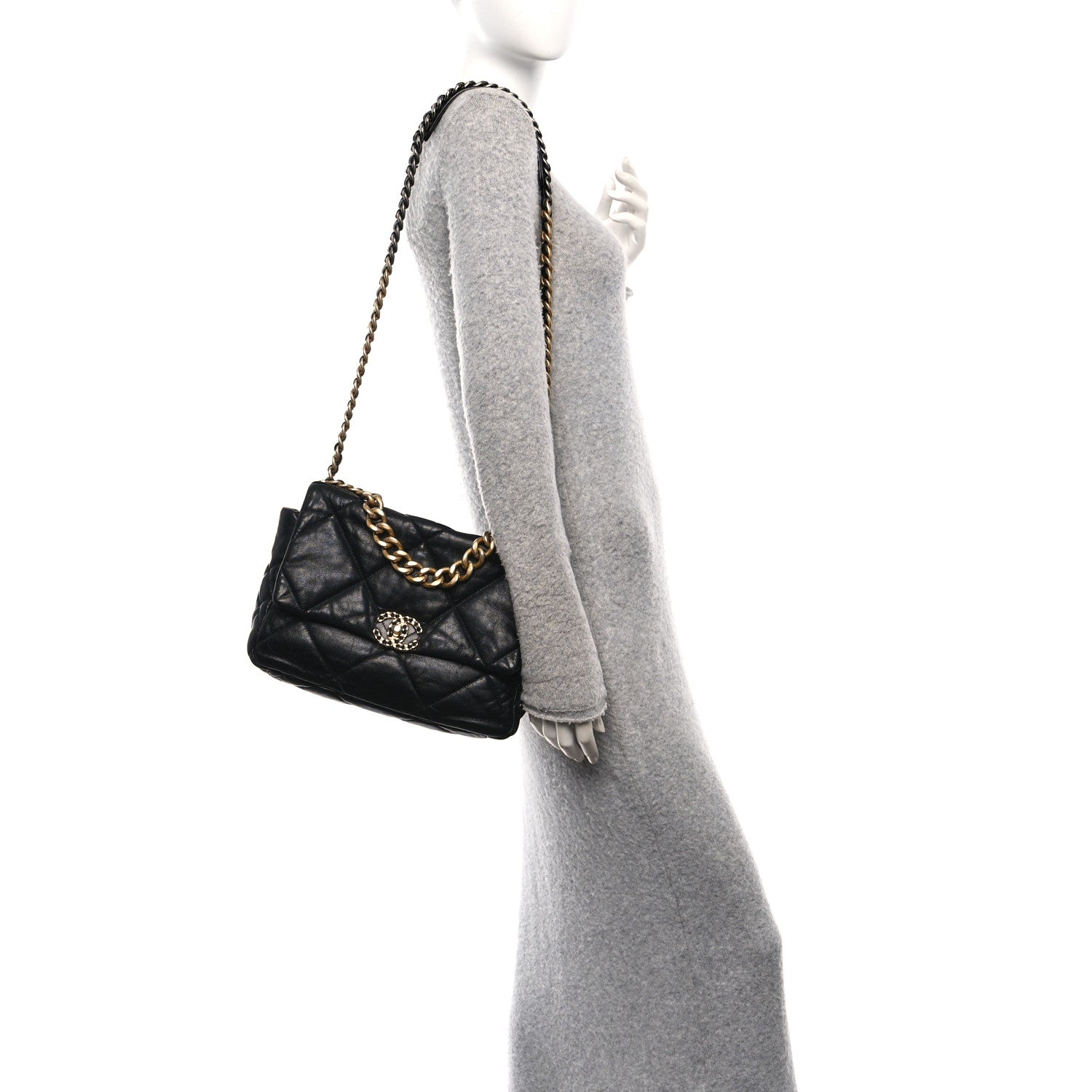 Shiny Goatskin Quilted Large Chanel 19 Flap Black