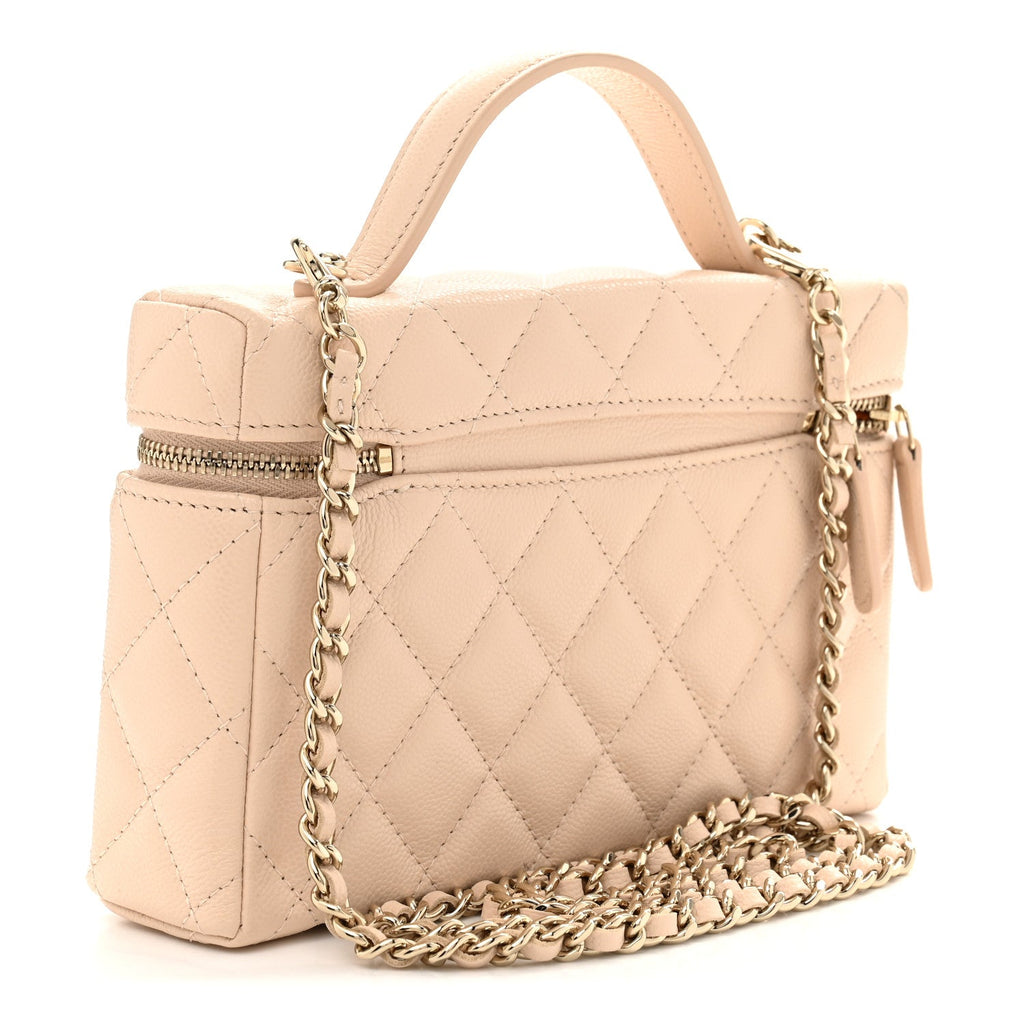 Caviar Quilted Top Handle Slim Vanity With Chain Beige