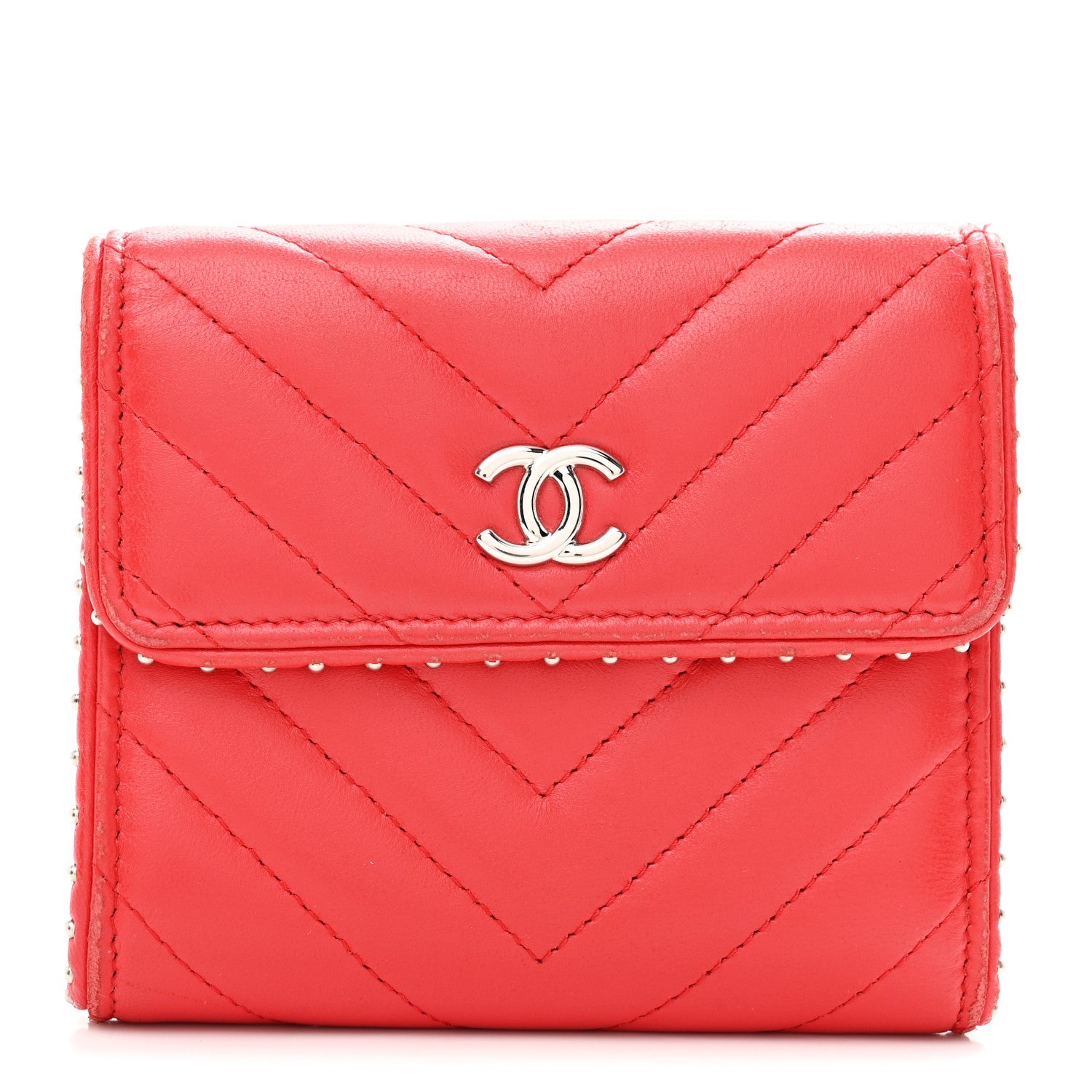 Lambskin Chevron Quilted Studded Compact Flap Wallet Red