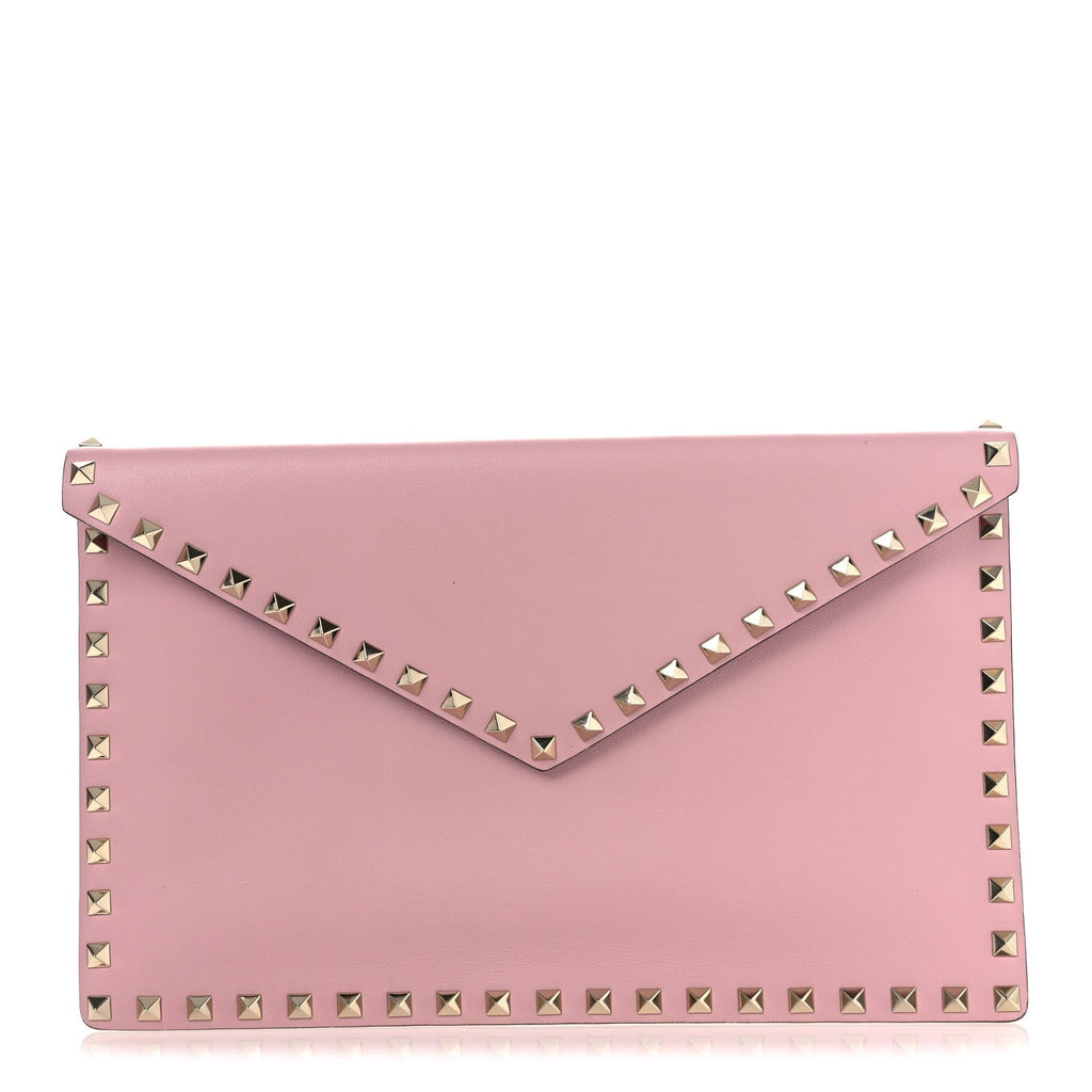 Pebbled Calfskin Large Rockstud Envelope Clutch Water Rose