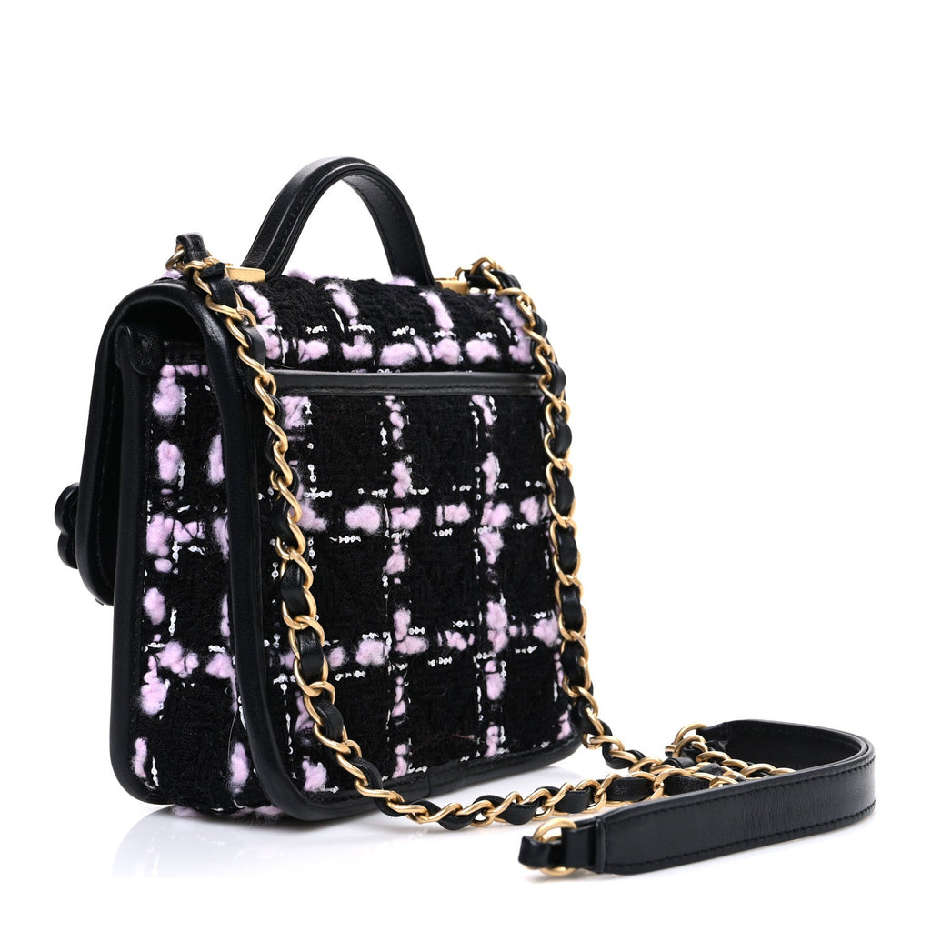 Tweed Calfskin School Memory Mini Top Handle Flap Black Pink White