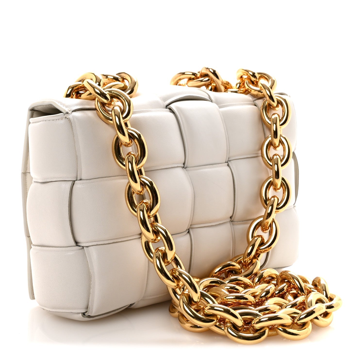 Lambskin Maxi Intreccio Padded Chain Cassette Crossbody Bag White